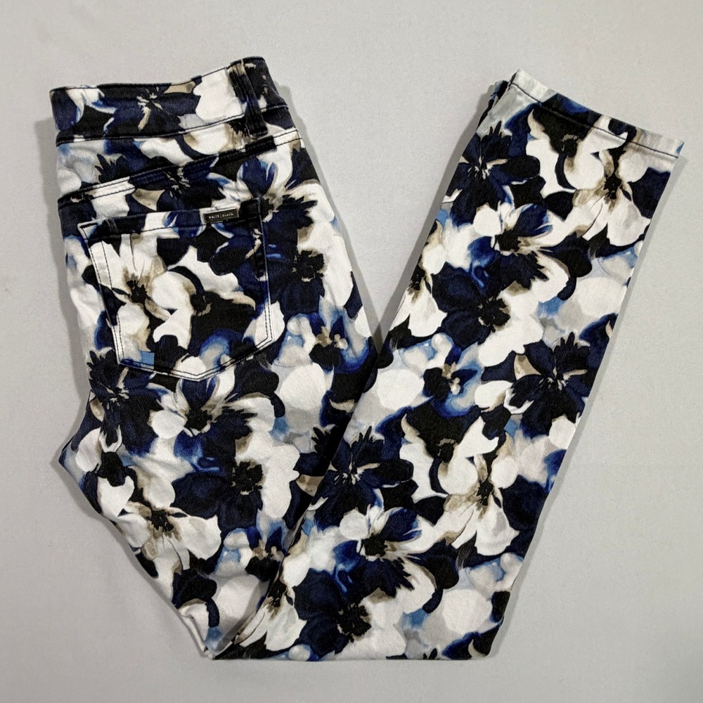 White House Black Market Blanc Pants Women's 4R Blue Floral Slim Ankle Denim
